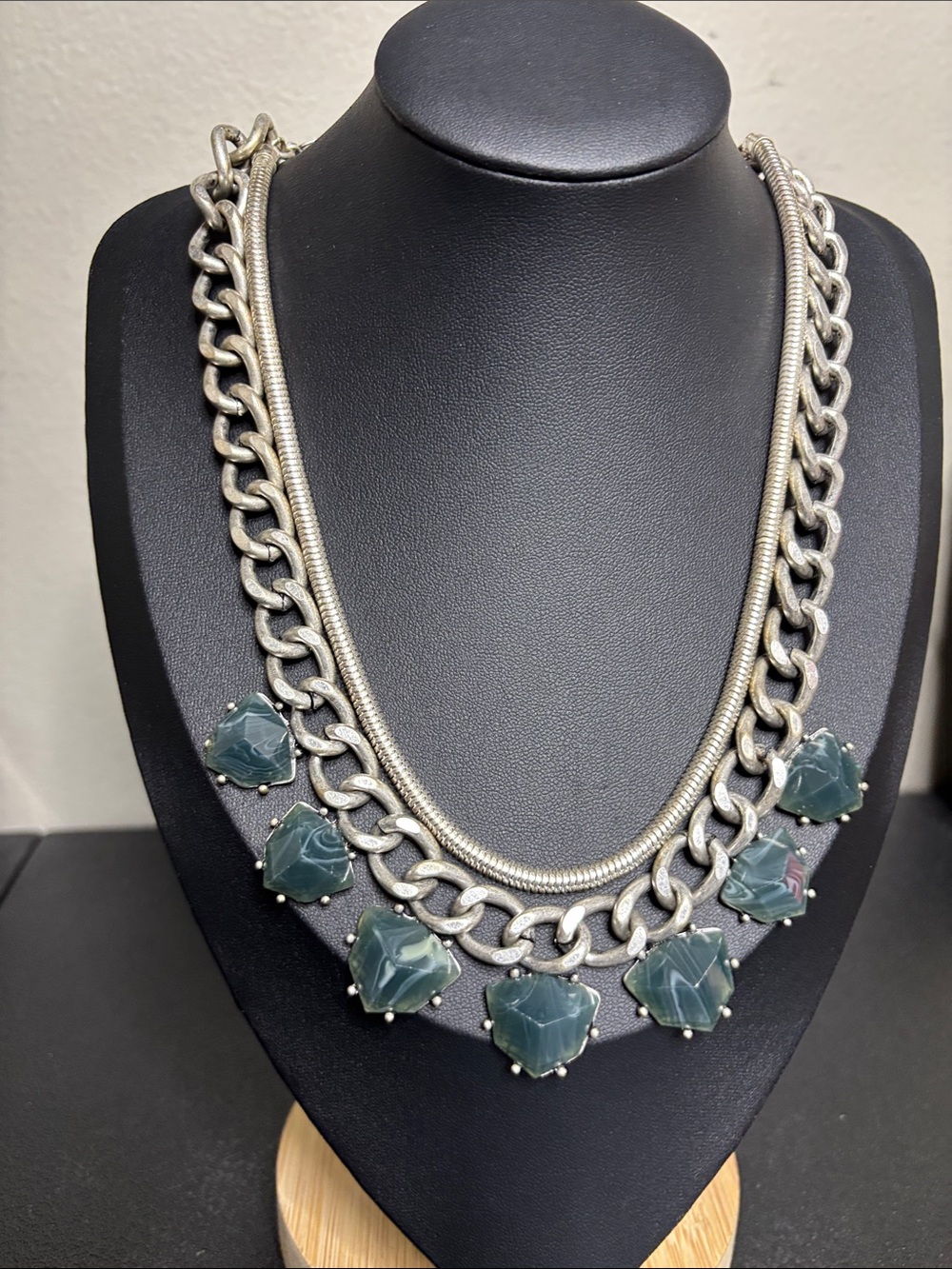 Statement Silver-Tone Layered Chain Necklace Green Accents